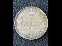 Serbia 2 dinars 1904 Alexander l silver excellent