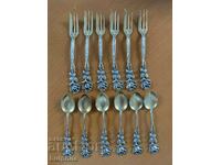 Set of 6 silver dessert forks and 6 spoons. Gilded.