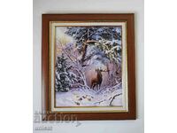 Winter landscape with red deer, picture, framed