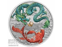 Silver 1 oz Dragon and Koi Fish Colored Green and Red 2023